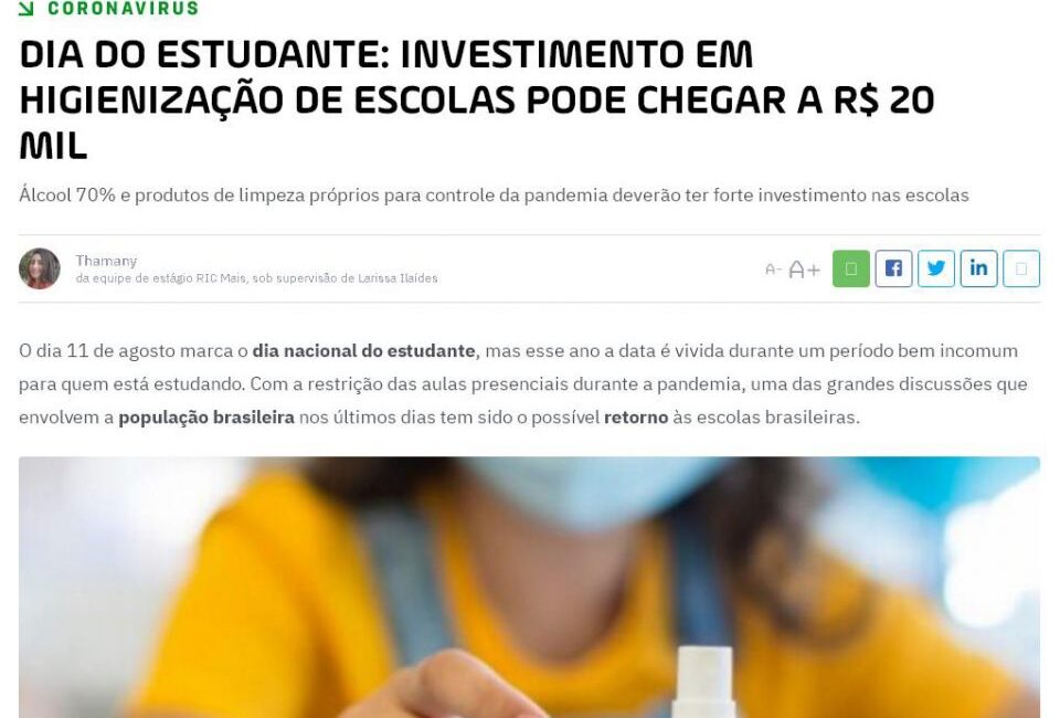 De volta as aulas: INVESTIMENTO EM HIGIENIZAÇÃO DE ESCOLAS PODE CHEGAR A R$ 20 MIL.