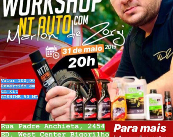 Workshop NT AUTO com a apresentação de MARLON DE ZORZI (MDZ)!!! Agora é a vez da nossa capital receber o 4° Workshop NTAUTO. Além de conhecer e tirar todas suas dúvidas sobre os produtos da marca, ele será apresentado pela renomado detailer Marlon de Zorzi que nos contará toda a sua experiência no ramo automotivo nos cuidados com carros. Não esqueça que este valor de investimento será revertido em um kit GT Xtreme Shine 50mL Local: Rua Padre Anchieta, 2454 (Ed. West Center – Sala de reuniões) Bigorrilho Data: 31/05/2019 Valor da inscrição: R$ 100,00 Maiores informações: WhatsApp (41) 99919-1431 Vagas Limitadas!!!