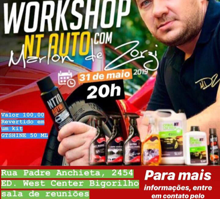 Workshop NT AUTO com a apresentação de MARLON DE ZORZI (MDZ)!!! Agora é a vez da nossa capital receber o 4° Workshop NTAUTO. Além de conhecer e tirar todas suas dúvidas sobre os produtos da marca, ele será apresentado pela renomado detailer Marlon de Zorzi que nos contará toda a sua experiência no ramo automotivo nos cuidados com carros. Não esqueça que este valor de investimento será revertido em um kit GT Xtreme Shine 50mL Local: Rua Padre Anchieta, 2454 (Ed. West Center – Sala de reuniões) Bigorrilho Data: 31/05/2019 Valor da inscrição: R$ 100,00 Maiores informações: WhatsApp (41) 99919-1431 Vagas Limitadas!!!